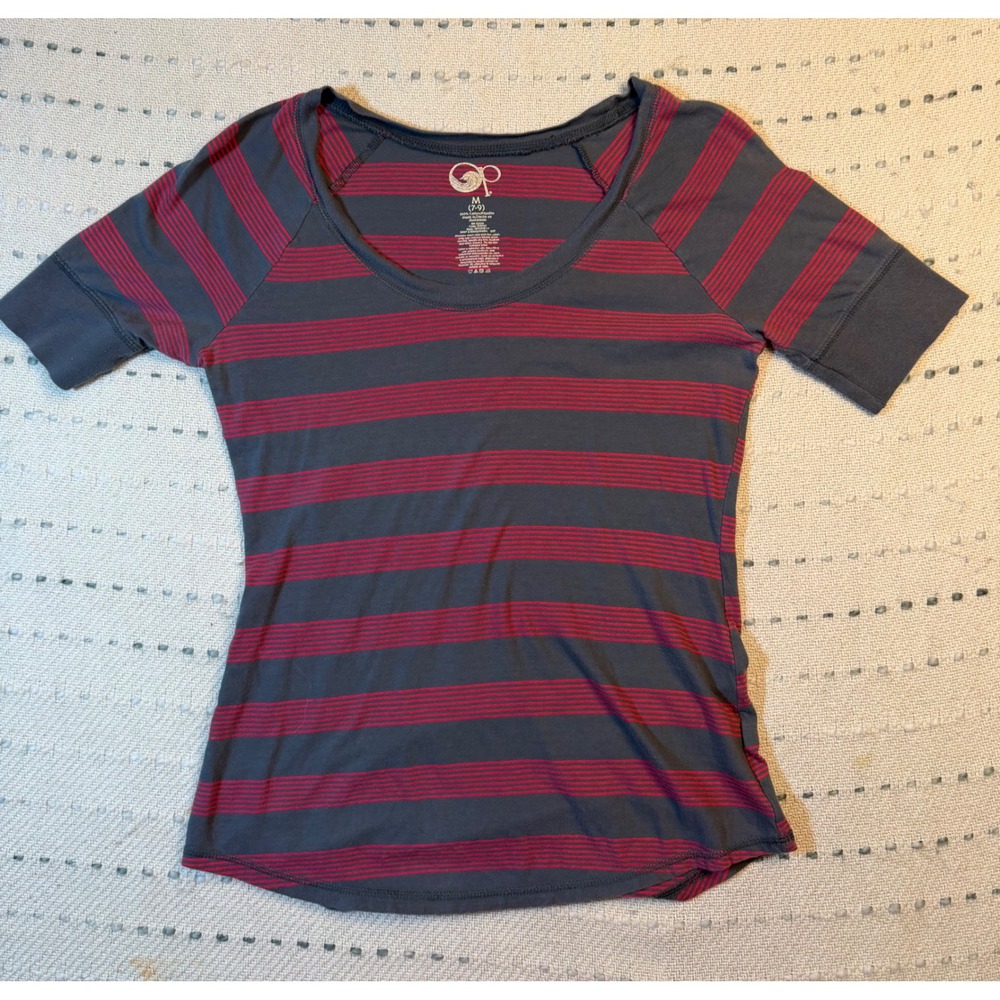 Ocean Pacific OP Womens Striped Scoop Neck Raglan Short Sleeve Blue Red M 7-9